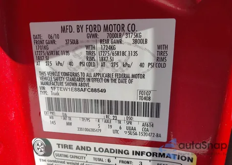 2010 Ford F-150 Xl/Xlt z USA, uszkodzony, nr VIN 1FTEW1E88AFC88549